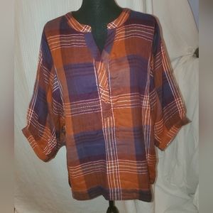 Garnet Hill organic plaid oversized short sleeve blouse